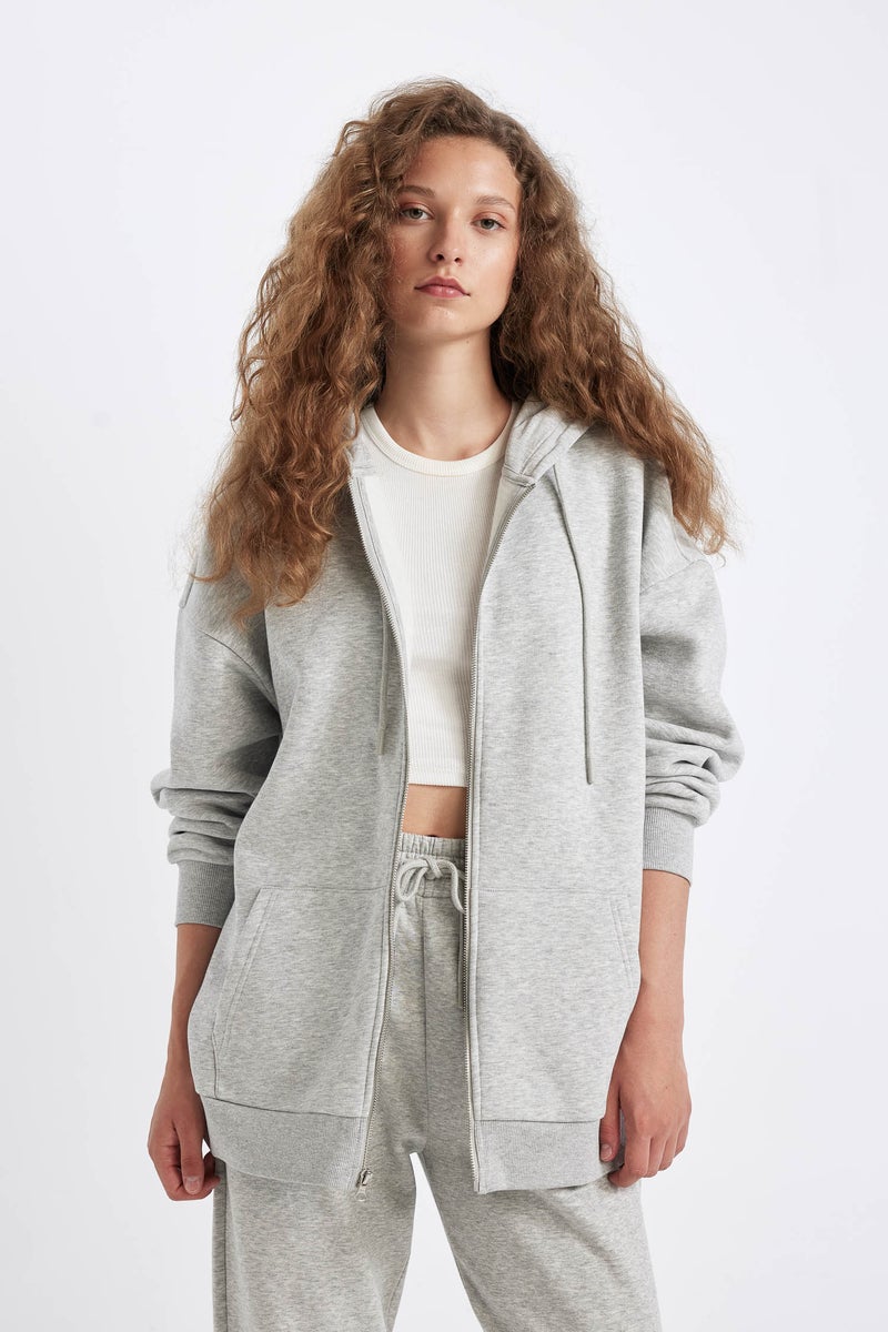 DeFacto Grey Woman Oversize Fit Hooded Kangaroo Pocket Basic Zippered Sweatshirt Casual - Image 3